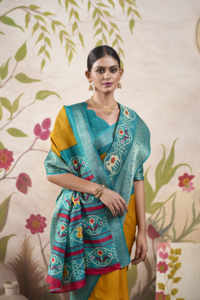 Sarees Tussar Chex de moda con estampados tradicionales de Patola y blusa con borde tejido para compradores de ropa India al por mayor - Product Image 6