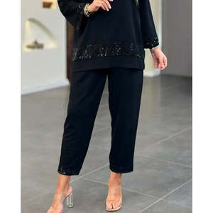 Women's Long-Sleeve V-Neck <b>Sequin</b> Viscose Two-Thread Blouse and <b>Pants</b> Set, 28418 - Black - Product Image 3
