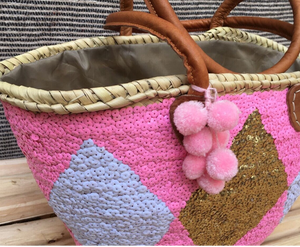 Beach <b>Bag</b> <b>Sequins</b> <b>Pink</b> White & Gold Moroccan Straw <b>Bag</b> Market - Product Image 1