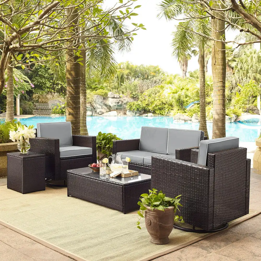 OUTDOOR WICKER CONVERSATION SET WITH GREY CUSHIONS - LOVESEAT, TWO SWIVEL CHAIRS, SIDE TABLE & GLASS TOP TABLE