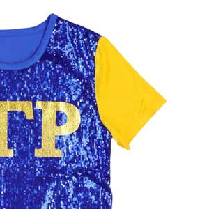 Sigma Gamma Rho SGRho Sequin Tee Royal Blue Gold Sleeves Sparkle Greek Letters Embroidered Sorority Apparel Summer 100% Cotton - Product Image 4