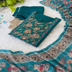 Premium Roman Silk Kurti <b>Set</b> with Handwork Embroidery, Glass <b>Mirror</b> Detailing & Digital Print Chinon Dupatta - Product Image 4