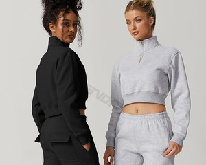Femmes élégant court à capuche col roulé sweat à la mode automne Streetwear fermeture éclair tissé demi-fermeture éclair avant Logo 100% coton - Product Image 6