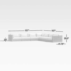 Modern Appearance Batten Natural Teak 7-Piece L-Shaped Outdoor Sectional Sofa with <b>Oat</b> Cushions - Product Image 2