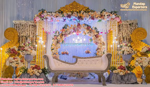 Gujarati Wedding Triple <b>Pole</b> Reception Stage Setup Traditional Wedding Triple <b>Pole</b> Open Stage Classy <b>Wooden</b> Wedding Open Mandap - Product Image 5