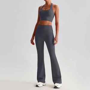 OEM Custom Solid Pattern Women's Active Wear Gym Fitness Yoga Set Plus Size <b>Sports</b> <b>Bra</b> Flare Pants Elastic Waist Closure - Product Image 3
