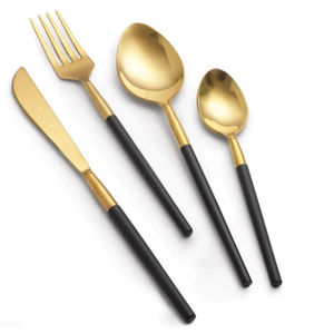 Juego de cubiertos elegantes de acero inoxidable de estilo americano con elegantes asas negras y detalles chapados en oro de 4 piezas - Product Image 1