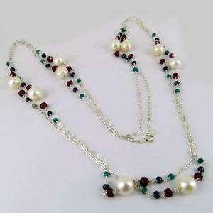 มุกแท้ทับทิมสีฟ้าไพลินมรกต925สร้อยคอเงินสเตอร์ลิงเครื่องประดับเงินที่ไม่ซ้ำกันขายส่งเครื่องประดับเงิน - Product Image 3