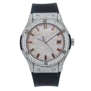 Mode antique coupe ronde Moissanite diamant clouté glacé or rose acier inoxydable cadran automatique noir bracelet en caoutchouc montre - Product Image 5