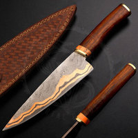 Couteau de Chef Unique en Acier Damas Inoxydable pour le Camping, Fait Main, Lame en Acier Damas Cuivré, Manche en Bois de Rose, Haute Qualité