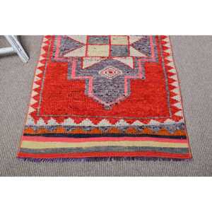 Vintage 2.5x11.3 ft Turkish <b>Red</b> Abstract <b>Wool</b> Rug Eco Friendly Patchwork Latex Backed - Product Image 5