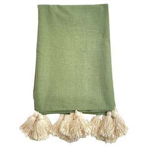 Plaid moderne en coton tricoté avec pompons – Couverture décorative unie et imprimée pour l'été - Product Image 1