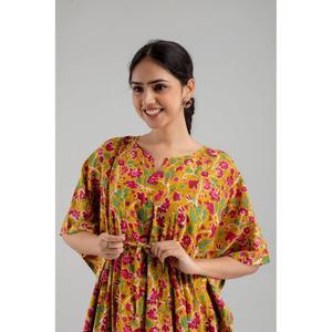 Robe longue ethnique jaune à imprimé floral, en pur coton, taille élastique, longueur genou, vêtements décontractés pour la journée - SHKUP1251 Tailles XS à XL - Product Image 5