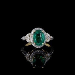 <b>Green</b> Oval Lab Stone Ring with Pear Lab Grown Diamond Accents 14K Solid Gold Rhodium Plated IGI Certified | Daily Party <b>Jewelry</b> - Product Image 1