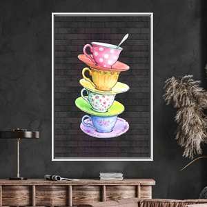 งานศิลปะบนผ้าใบพิมพ์ลายสวยงาม: ของตกแต่งห้องครัวลายถ้วยกาแฟสีสันสดใส, ผ้าใบกรอบสีขาว - Product Image 1