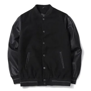 Men's Black Varsity Jacket Solid <b>Colour</b> Button Front Turn Down Collar Regular Fit Casual Preppy Style Autumn Wear - Product Image 1