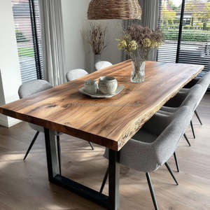Mesa de Comedor Cuadrada Moderna con Borde Natural, Madera de Nogal Sólida, Ecológica, Estilo Rústico, Muebles para el Hogar, Hotel o Sala de Estar - Product Image 1