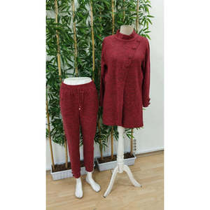 Conjunto de Dos Piezas para Mujer, Blusa de Manga Larga con Cuello Alto y Botones Delanteros y Pantalones Suaves, 20332 - Borgoña - Product Image 4