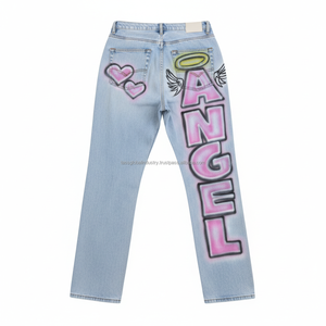 Pantalones Vaqueros de Moda Urbana Y2K para Mujer - Pantalones de Mezclilla de Pierna Recta con Estampado de Ángel Rosa - Product Image 2