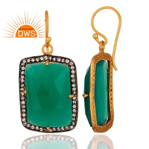 Best Selling Sterling Silver 18K Gold Plated Natural Cz & <b>Green</b> Onyx Gemstone Dangle <b>Earring</b> Demi Fine Jewelry Manufacturer - Product Image 3