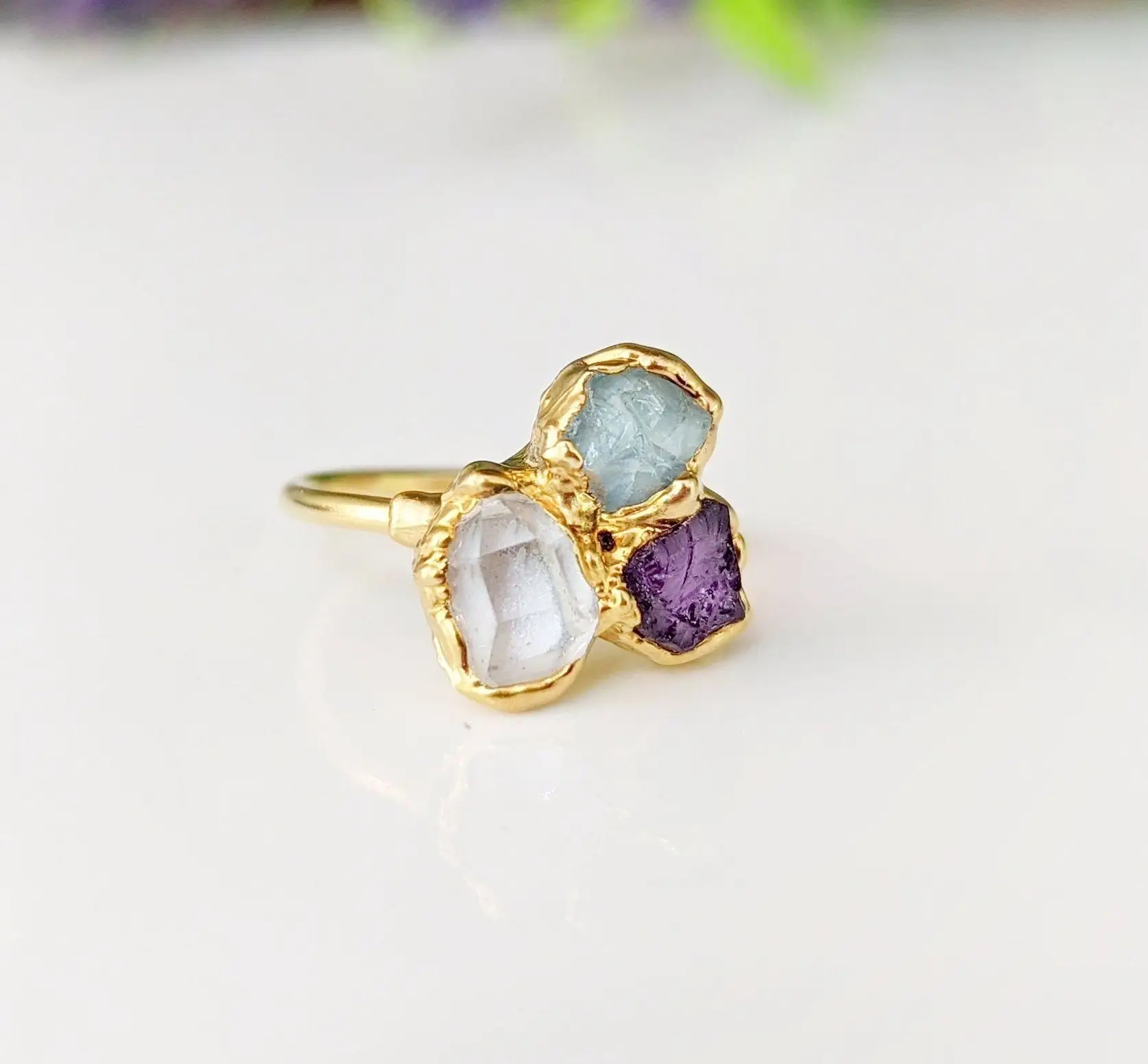 Aw-anillo chapado en oro de 18K con piedra amatista y aguamarina, joyería minimalista con piedras preciosas