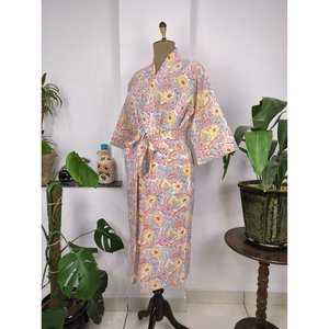 Boho-Hausrobe Indischer Handbedruckter Baumwollkimono Mit Lebendigen Blten Perfekt Fr Den Sommer Luxurise Strandferien Plus - Product Image 5