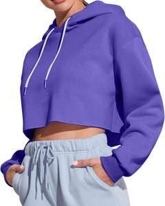 Sudadera con capucha recortada para mujer, jersey de manga larga informal de lana, Sudadera con capucha, cordón, bonito entrenamiento, manga acanalada, Tops cortos para mujer - Product Image 3