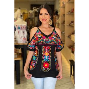 Blusa de Mujer Negra con Hombros Descubiertos, Bordado Floral, Manga Corta, Estilo Étnico Bohemio, Informal, de Algodón para Verano - Product Image 1