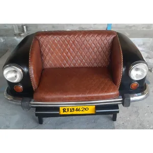 AMBASSADOR Brown Leather Industrial Bench Sofa Industrial Vintage car sofa with brown leather seating Car Leather sofa