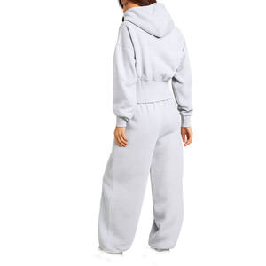 Women Cropped Zip Hoodie and Wide Leg <b>Sweatpants</b> Set Cotton Fleece Casual Tracksuit Factory Direct Wholesale - Product Image 2