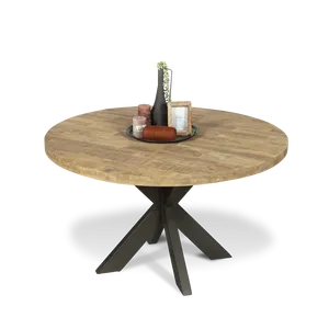 Eettafel Steelwood (140cm rond) Base en bois marron assaisonné avec pieds en métal noir pour dîner dans des appartements ou des hôtels - Product Image 1