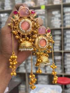 Base en laiton de qualité supérieure Monalisa Stone Kashmiri Boucles d'oreilles or polonais Boucles d'oreilles légères pour femmes Parfait pour une tenue de fête - Product Image 3