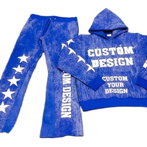 Chaud nouveau design OEM bleu acide lavage à capuche pantalon ensemble femmes survêtement Vintage lavage surdimensionné survêtement - Product Image 1