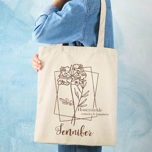 Sac de courses en toile personnalisé à fermeture ouverte avec fleur de naissance, couleur unie, cadeau pour elle - Product Image 3
