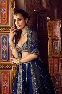 Blue Embroidered Silk <b>Lehenga</b> Choli Zari Work Slim Fit Crop Top Halter Neck Floor Length <b>Skirt</b> Traditional Indian Wedding Wear - Product Image 2