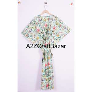 Bata Larga para Mujer Estampada a Mano en India, 100% Algodón, Transpirable, de Secado Rápido, Vestido de Verano para Vacaciones con Cierre de Cinturón - Product Image 2