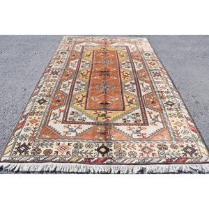 Vintage 6.2x9.7 ft Rug, Large Turkish Rug, <b>Brown</b> Red Ikat <b>Wool</b> Rug - Product Image 5