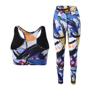Ensemble d'entraînement imprimé coup de pinceau pour femmes soutien-gorge de sport deux pièces coloré et Leggings Yoga Fitness ensemble de gymnastique taille haute vêtements de sport - Product Image 3