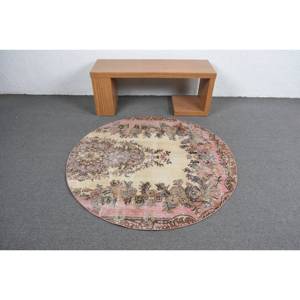 พรม4.9ft สไตล์วินเทจ x 4.9ft ตุรกีพรมสำหรับห้องนั่งเล่นทอแบบแบนสีชมพู & สีเบจวัสดุขนสัตว์มีลวดลายเย็บปะติดด้านหลัง - Product Image 3