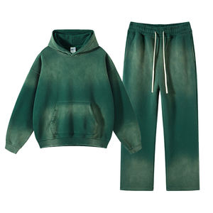 Estilo americano Ropa de calle de invierno Algodón grueso Sun Faded Vintage Spray Dyeing Hoodies y pantalones de chándal Set para hombres Niños Hoodies - Product Image 1
