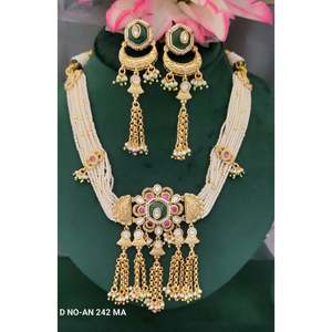Women's Antique Golden Pearl Kundan <b>Necklace</b> & Earring Set with Bezel Set Round Brilliant Cut Zircon for Wedding-SKU An242MA/D-4 - Product Image 3