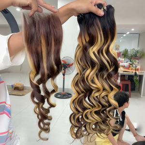 El precio más alto, cabello crudo ondulado, Color Ombre, extensiones de cabello humano vietnamita, conjunto de paquetes de cierre 2025 - Product Image 4