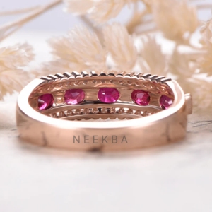 Bague Art Déco Or Rose Massif 10K 3*4mm Ovale Cut Lab Ruby & Moissanite Bague à Trois Rangées-Option de Remplacement de Pierres Précieuses - Product Image 3