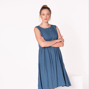 Loose Fitted Blue <b>Pocket</b> Long Dress Color For Women Linen Dress Short Length Sleeveless Wrap And Japanese Style Woven OEM - Product Image 1