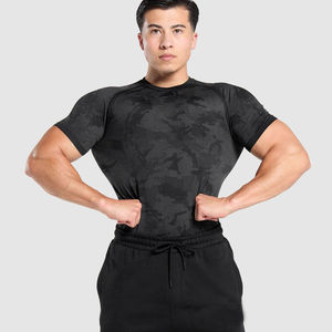 T-shirt de sport pour homme à coupe classique, compression, en spandex/polyester, tricot jacquard, motif uni personnalisé sur le devant, séchage rapide pour - Product Image 1