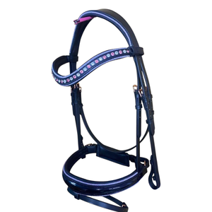 Bridon de dressage en cuir avec frontale à 3 rangs de cristaux, rembourrage blanc, muselet rembourré et rênes en cuir – Équipement équestre de luxe - Product Image 4