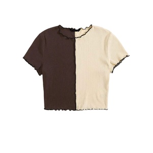 Femmes haut court haute Stretch Fitness Yoga haut plus récent entraînement t-shirt course exercice cou mince côtes culture à manches courtes haut court - Product Image 1