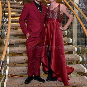 Conjunto de traje ajustado de 2 piezas para hombre, chaqueta y pantalones de vestir de 1 botón con una botonadura para boda, graduación, eventos formales, rojo vino - Product Image 2