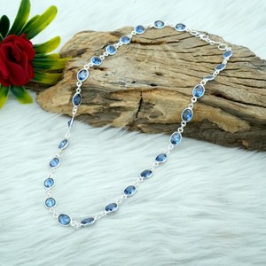 Collier de fiançailles ovale en quartz bleu, en argent sterling 925, fait main, serti de pierres précieuses, élégant bijou de mariage pour femme - Product Image 5