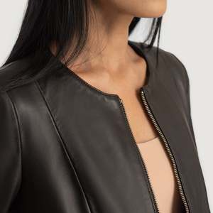 <b>Womens</b> Brown Leather Collarless <b>Jacket</b> - Product Image 6